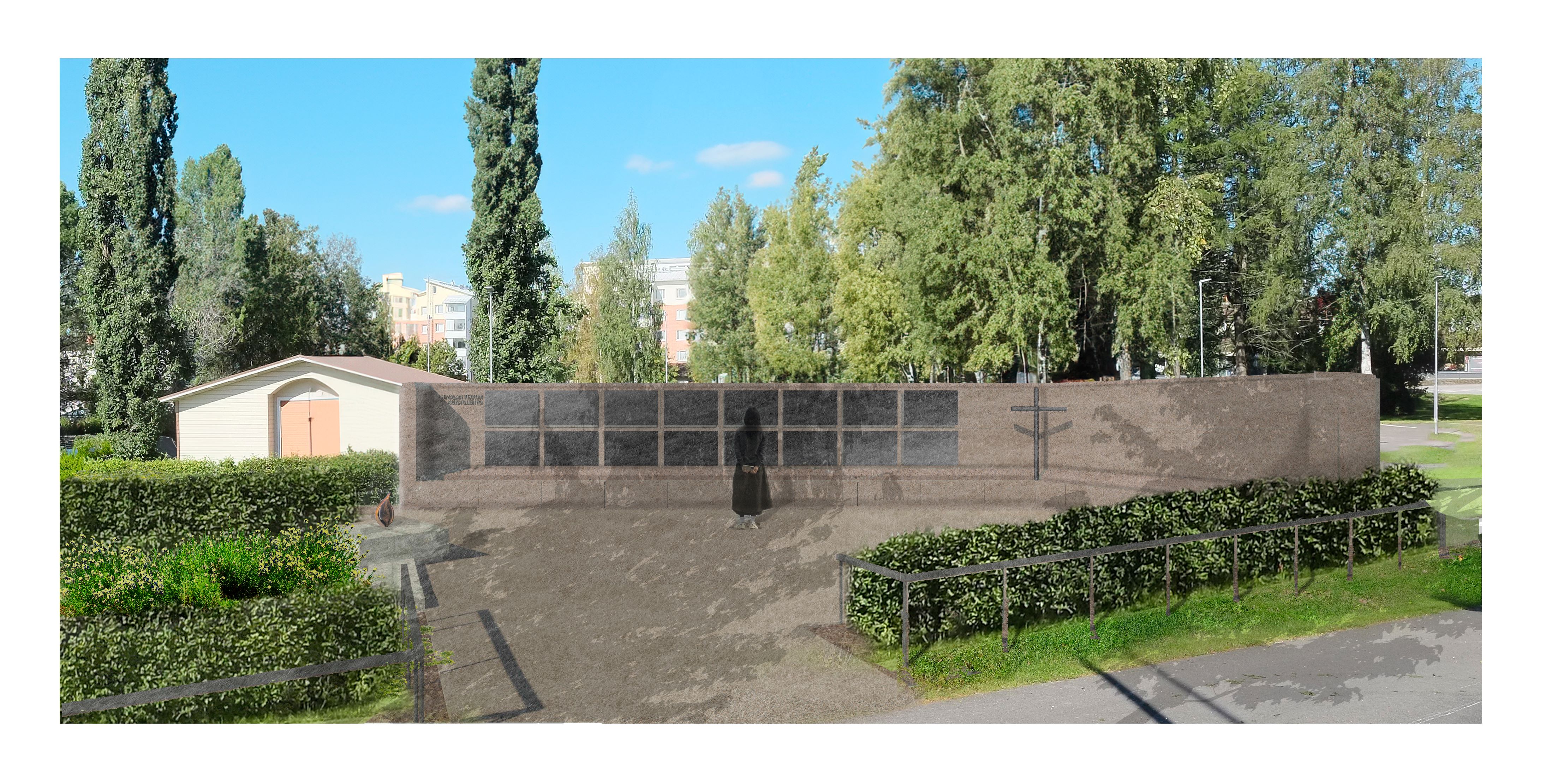 Havainnekuva kirkon tulevasta muistolehdosta.